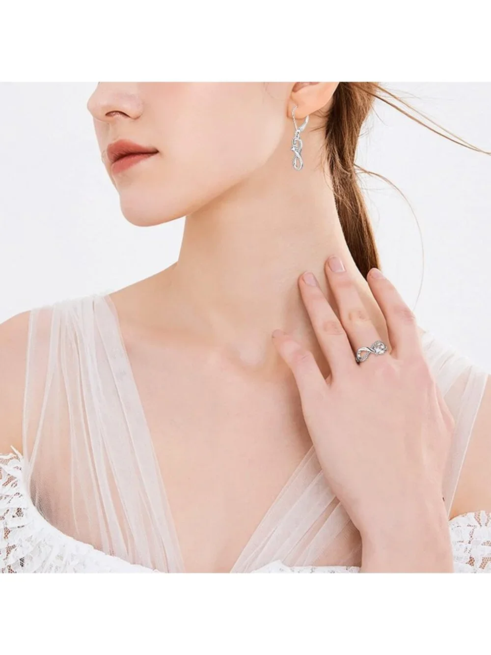Women's White Silver 925 Sterling Silver Infinity Promise Angel Wings Heart Ring